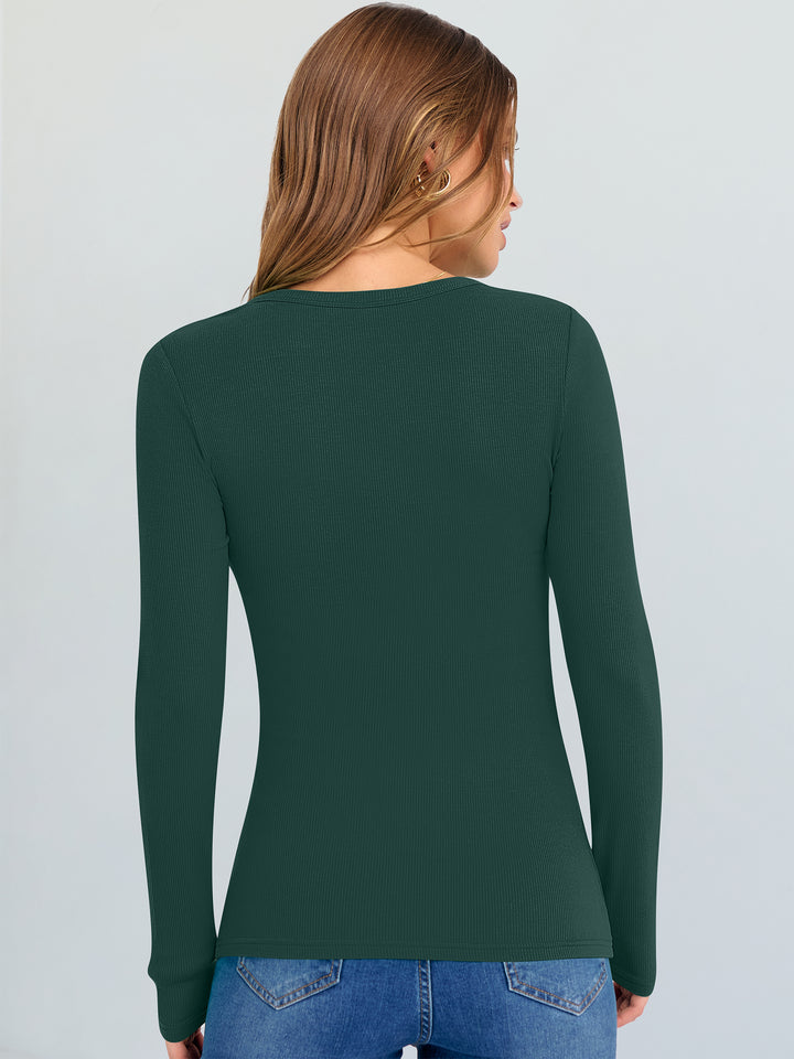 ANRABESS Long Sleeve Shirts for Women V Neck Ribbed Knit Fitted Fall Basic Tshirts Going Out Tops 2025 Casual Trendy Clothes