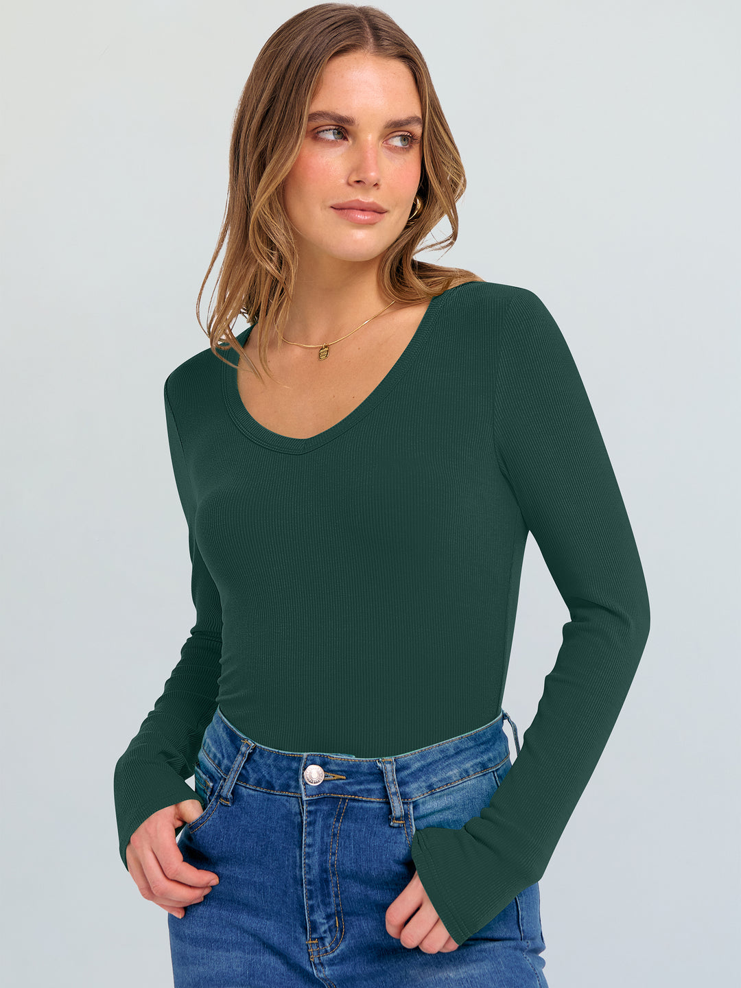 ANRABESS Long Sleeve Shirts for Women V Neck Ribbed Knit Fitted Fall Basic Tshirts Going Out Tops 2025 Casual Trendy Clothes