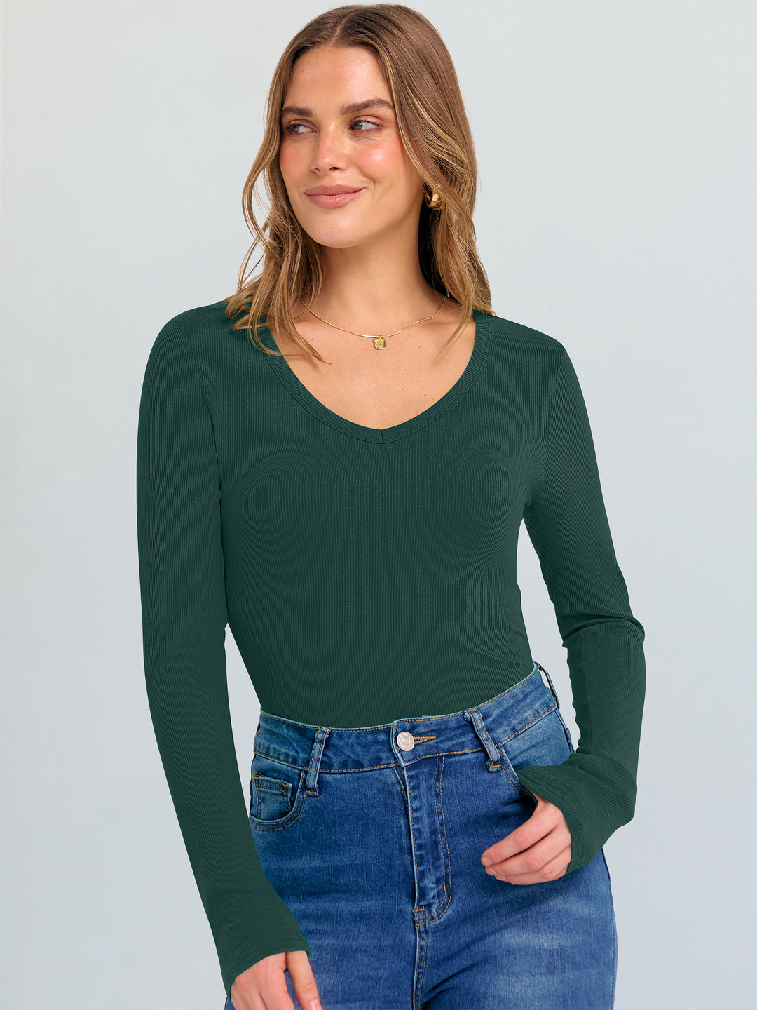 ANRABESS Long Sleeve Shirts for Women V Neck Ribbed Knit Fitted Fall Basic Tshirts Going Out Tops 2025 Casual Trendy Clothes