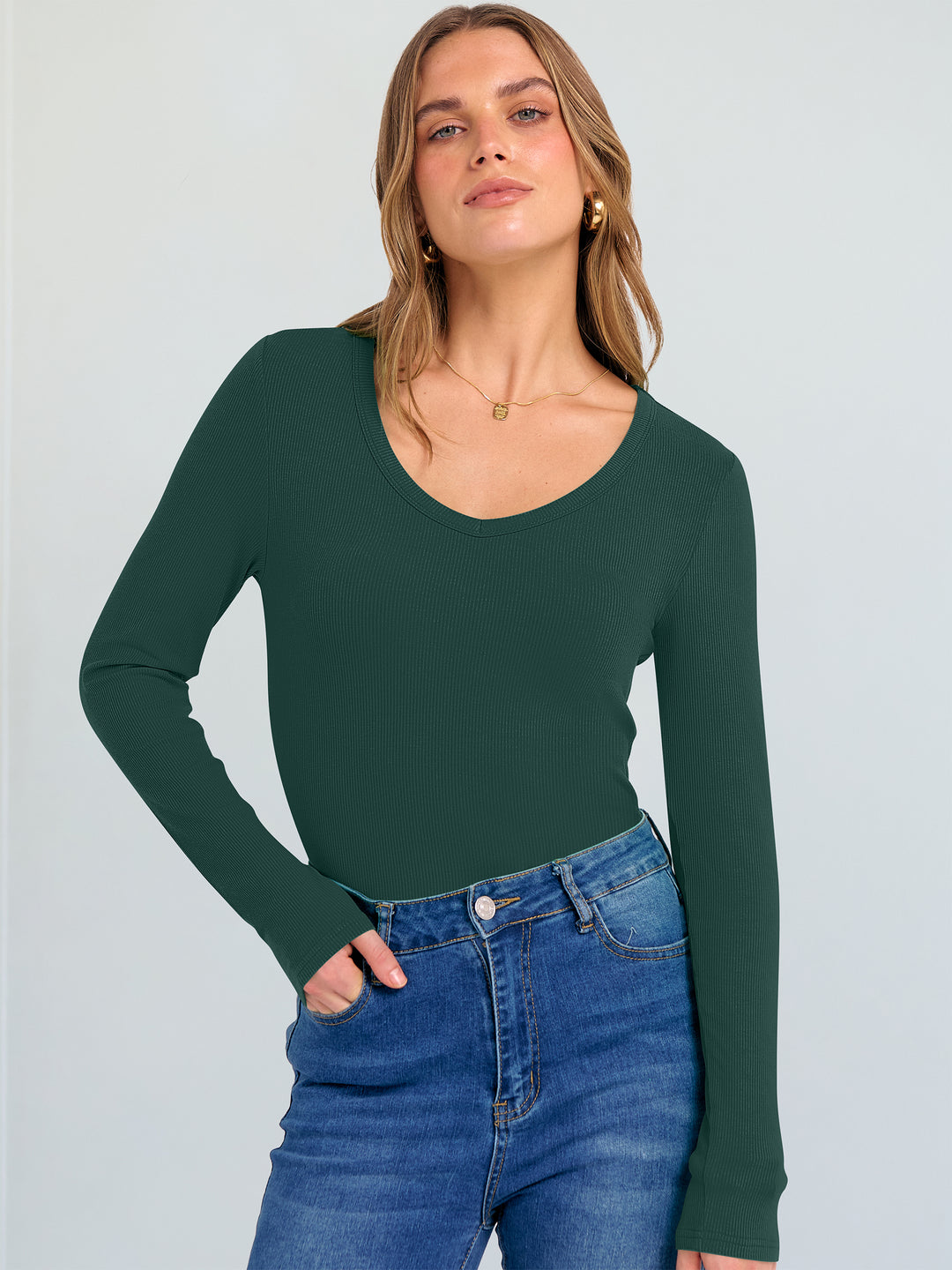 ANRABESS Long Sleeve Shirts for Women V Neck Ribbed Knit Fitted Fall Basic Tshirts Going Out Tops 2025 Casual Trendy Clothes