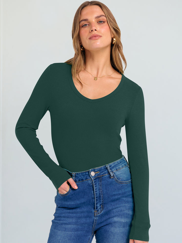 ANRABESS Long Sleeve Shirts for Women V Neck Ribbed Knit Fitted Fall Basic Tshirts Going Out Tops 2025 Casual Trendy Clothes