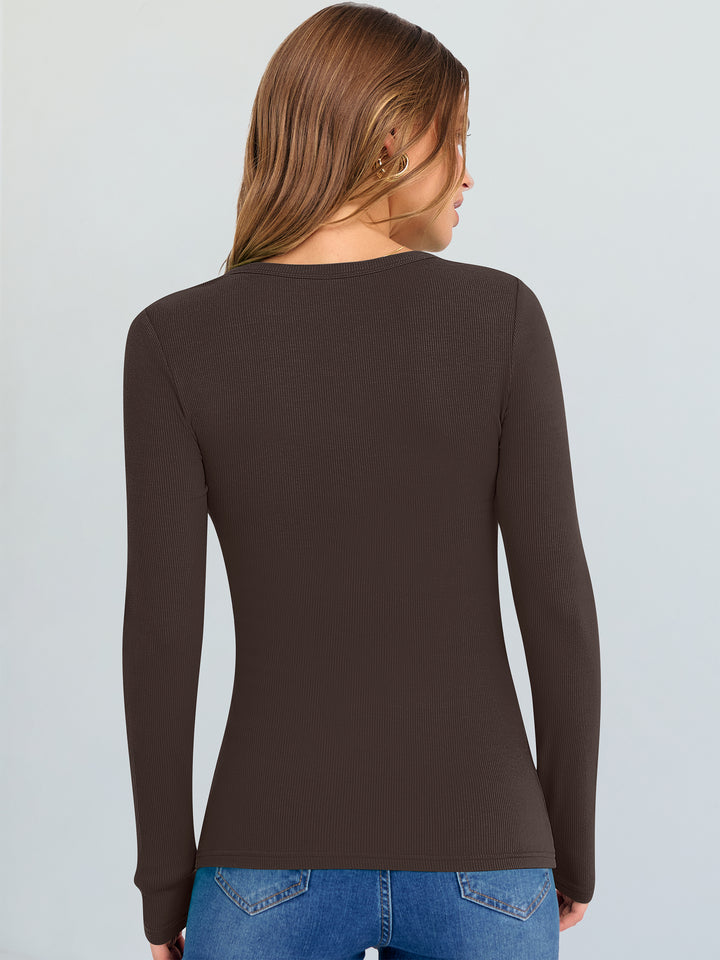 ANRABESS Long Sleeve Shirts for Women V Neck Ribbed Knit Fitted Fall Basic Tshirts Going Out Tops 2025 Casual Trendy Clothes