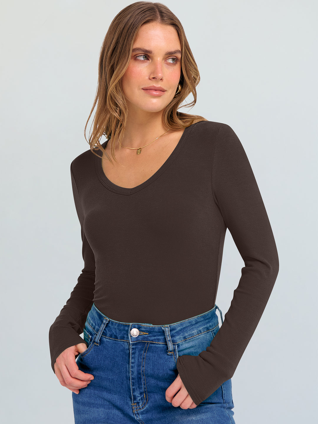 ANRABESS Long Sleeve Shirts for Women V Neck Ribbed Knit Fitted Fall Basic Tshirts Going Out Tops 2025 Casual Trendy Clothes