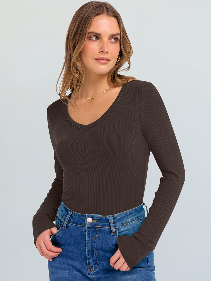 ANRABESS Long Sleeve Shirts for Women V Neck Ribbed Knit Fitted Fall Basic Tshirts Going Out Tops 2025 Casual Trendy Clothes