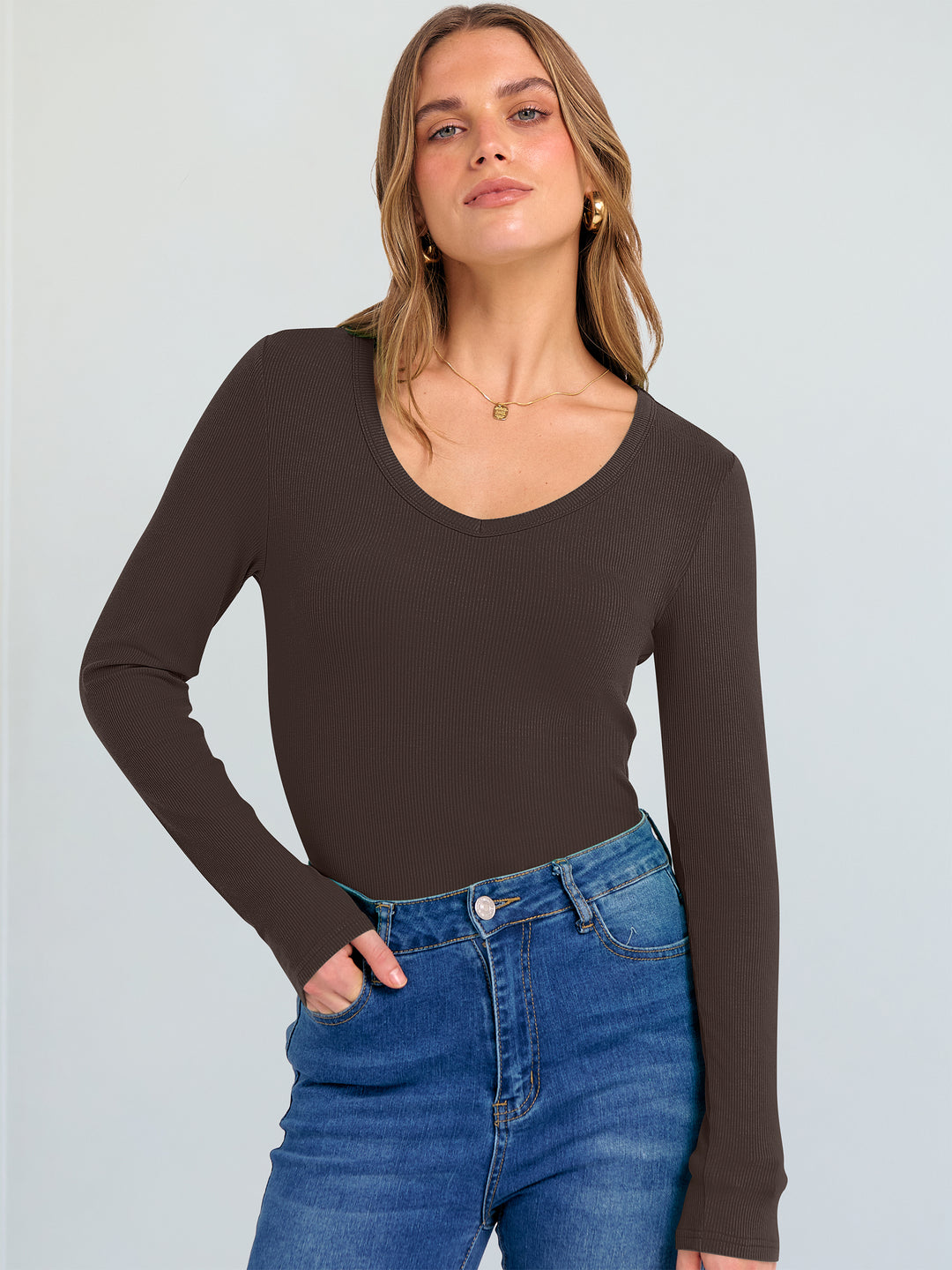 ANRABESS Long Sleeve Shirts for Women V Neck Ribbed Knit Fitted Fall Basic Tshirts Going Out Tops 2025 Casual Trendy Clothes