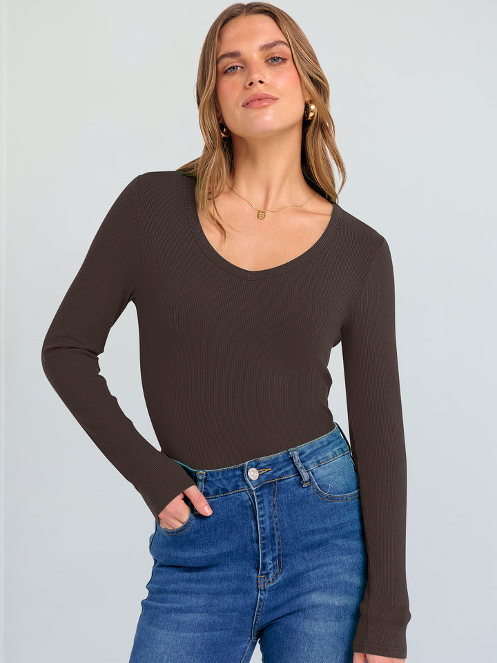 ANRABESS Long Sleeve Shirts for Women V Neck Ribbed Knit Fitted Fall Basic Tshirts Going Out Tops 2025 Casual Trendy Clothes