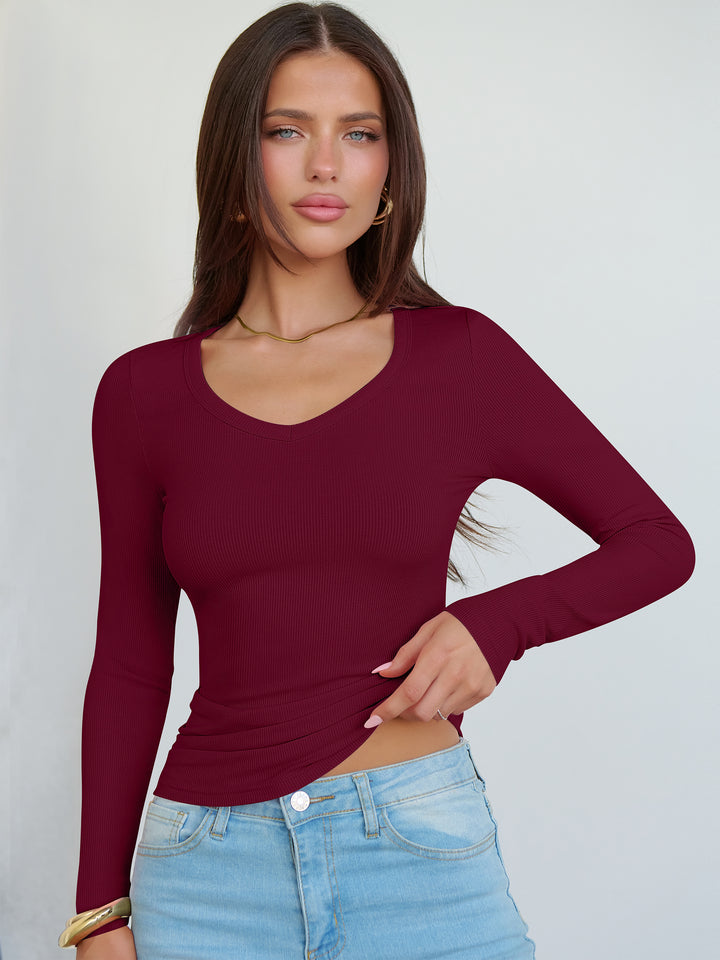 ANRABESS Long Sleeve Shirts for Women V Neck Ribbed Knit Fitted Fall Basic Tshirts Going Out Tops 2025 Casual Trendy Clothes