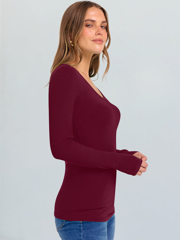 ANRABESS Long Sleeve Shirts for Women V Neck Ribbed Knit Fitted Fall Basic Tshirts Going Out Tops 2025 Casual Trendy Clothes