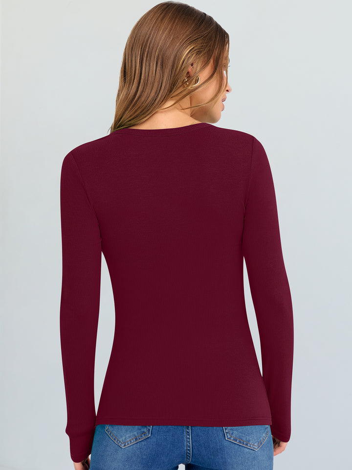 ANRABESS Long Sleeve Shirts for Women V Neck Ribbed Knit Fitted Fall Basic Tshirts Going Out Tops 2025 Casual Trendy Clothes