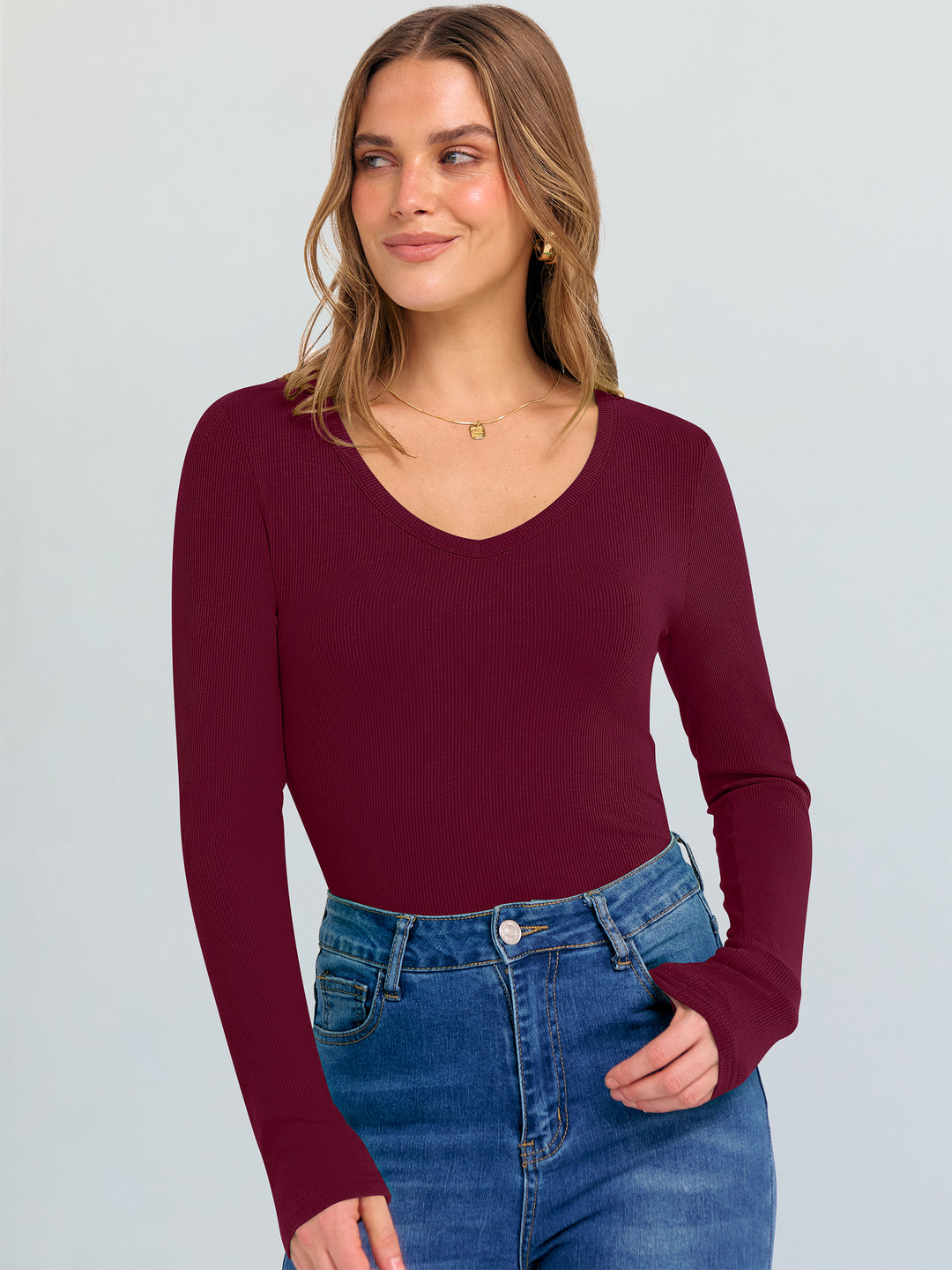 ANRABESS Long Sleeve Shirts for Women V Neck Ribbed Knit Fitted Fall Basic Tshirts Going Out Tops 2025 Casual Trendy Clothes