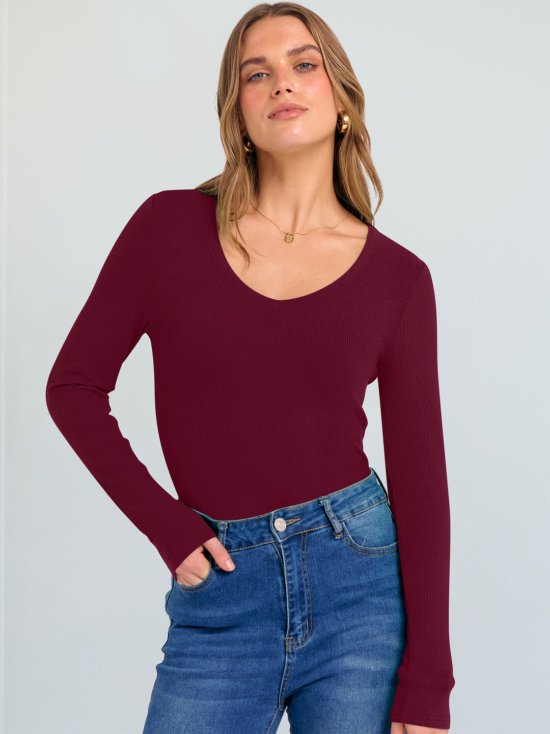 ANRABESS Long Sleeve Shirts for Women V Neck Ribbed Knit Fitted Fall Basic Tshirts Going Out Tops 2025 Casual Trendy Clothes