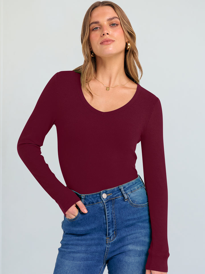 ANRABESS Long Sleeve Shirts for Women V Neck Ribbed Knit Fitted Fall Basic Tshirts Going Out Tops 2025 Casual Trendy Clothes