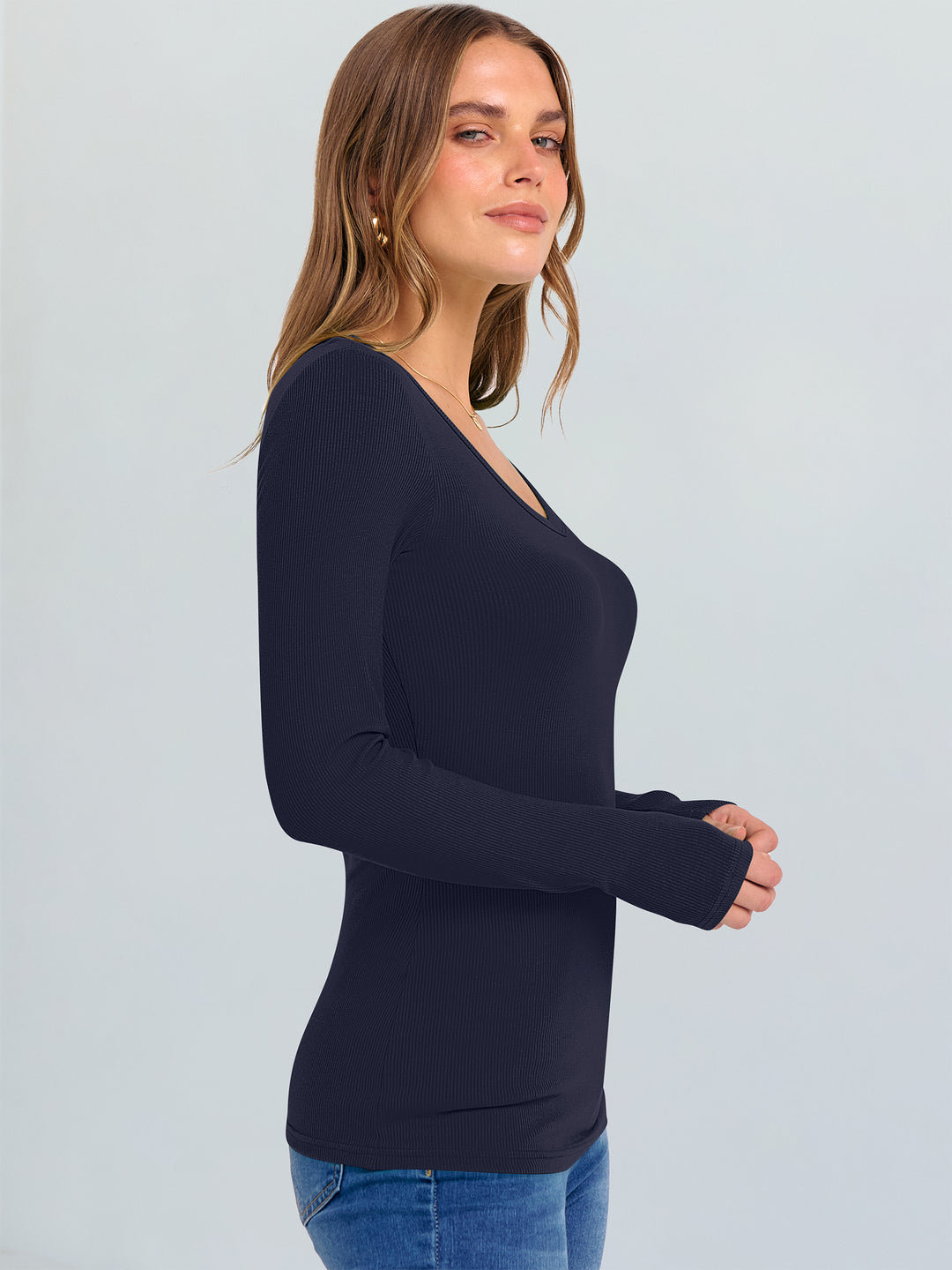 ANRABESS Long Sleeve Shirts for Women V Neck Ribbed Knit Fitted Fall Basic Tshirts Going Out Tops 2025 Casual Trendy Clothes