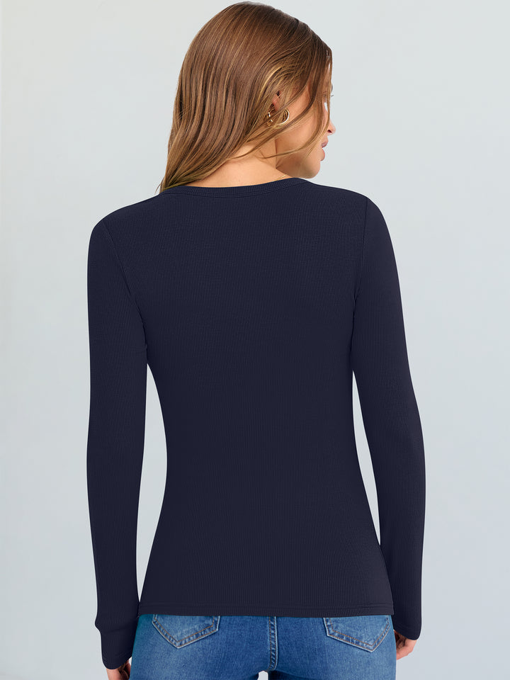 ANRABESS Long Sleeve Shirts for Women V Neck Ribbed Knit Fitted Fall Basic Tshirts Going Out Tops 2025 Casual Trendy Clothes