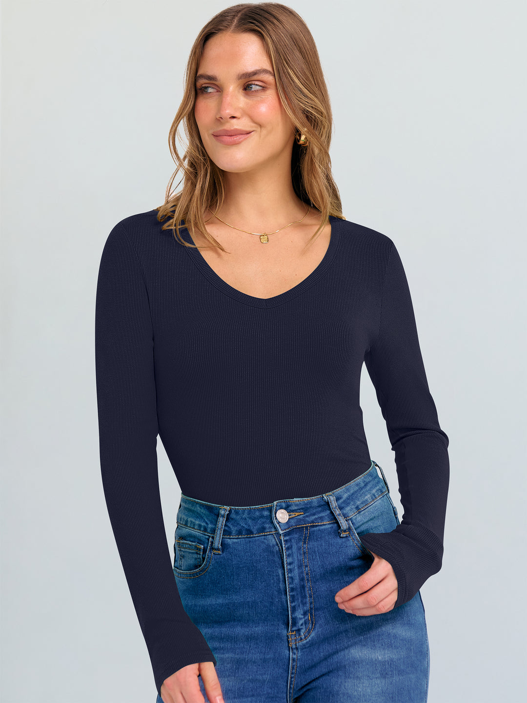 ANRABESS Long Sleeve Shirts for Women V Neck Ribbed Knit Fitted Fall Basic Tshirts Going Out Tops 2025 Casual Trendy Clothes