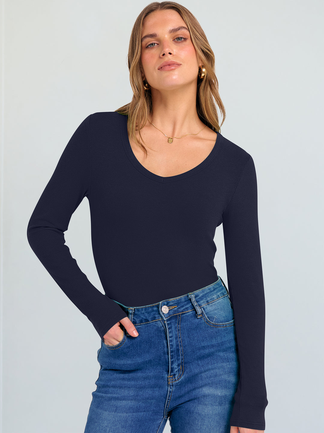 ANRABESS Long Sleeve Shirts for Women V Neck Ribbed Knit Fitted Fall Basic Tshirts Going Out Tops 2025 Casual Trendy Clothes