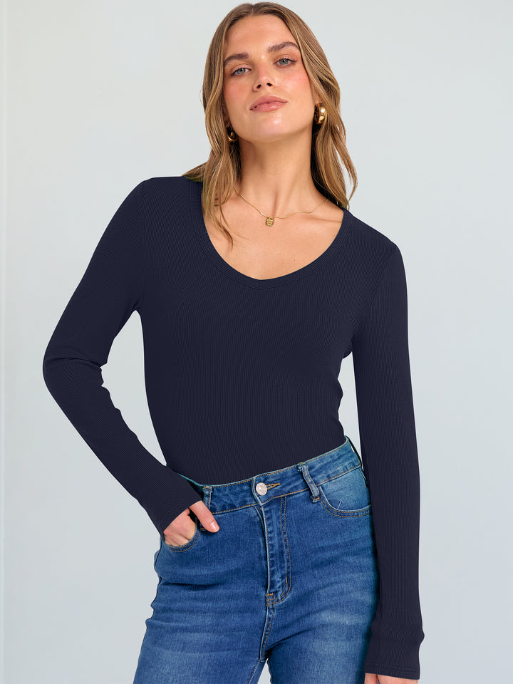 ANRABESS Long Sleeve Shirts for Women V Neck Ribbed Knit Fitted Fall Basic Tshirts Going Out Tops 2025 Casual Trendy Clothes