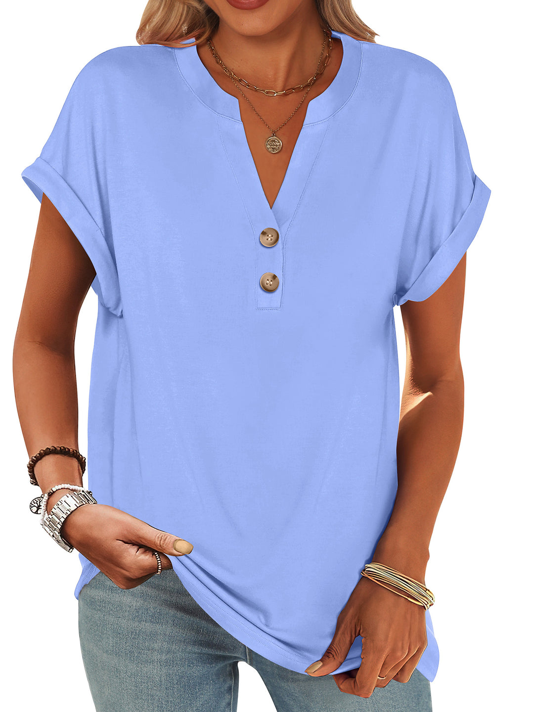 ANRABESS Women's Short Sleeve V-Neck Henley Top
