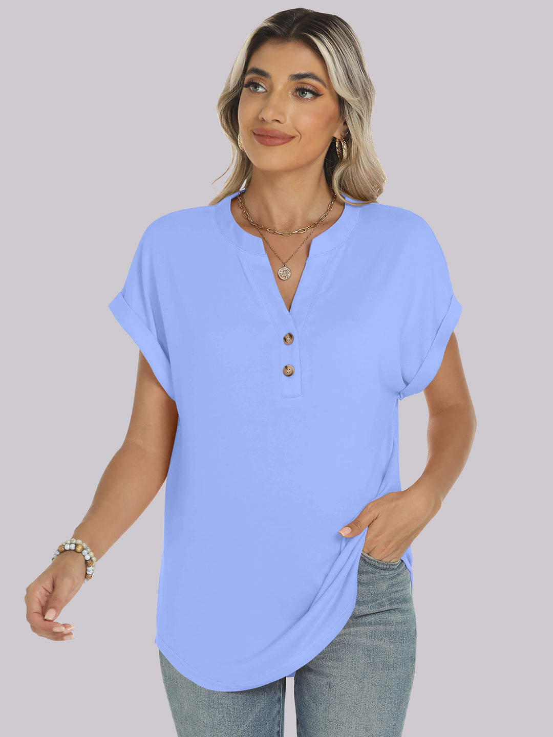 ANRABESS Women's Short Sleeve V-Neck Henley Top
