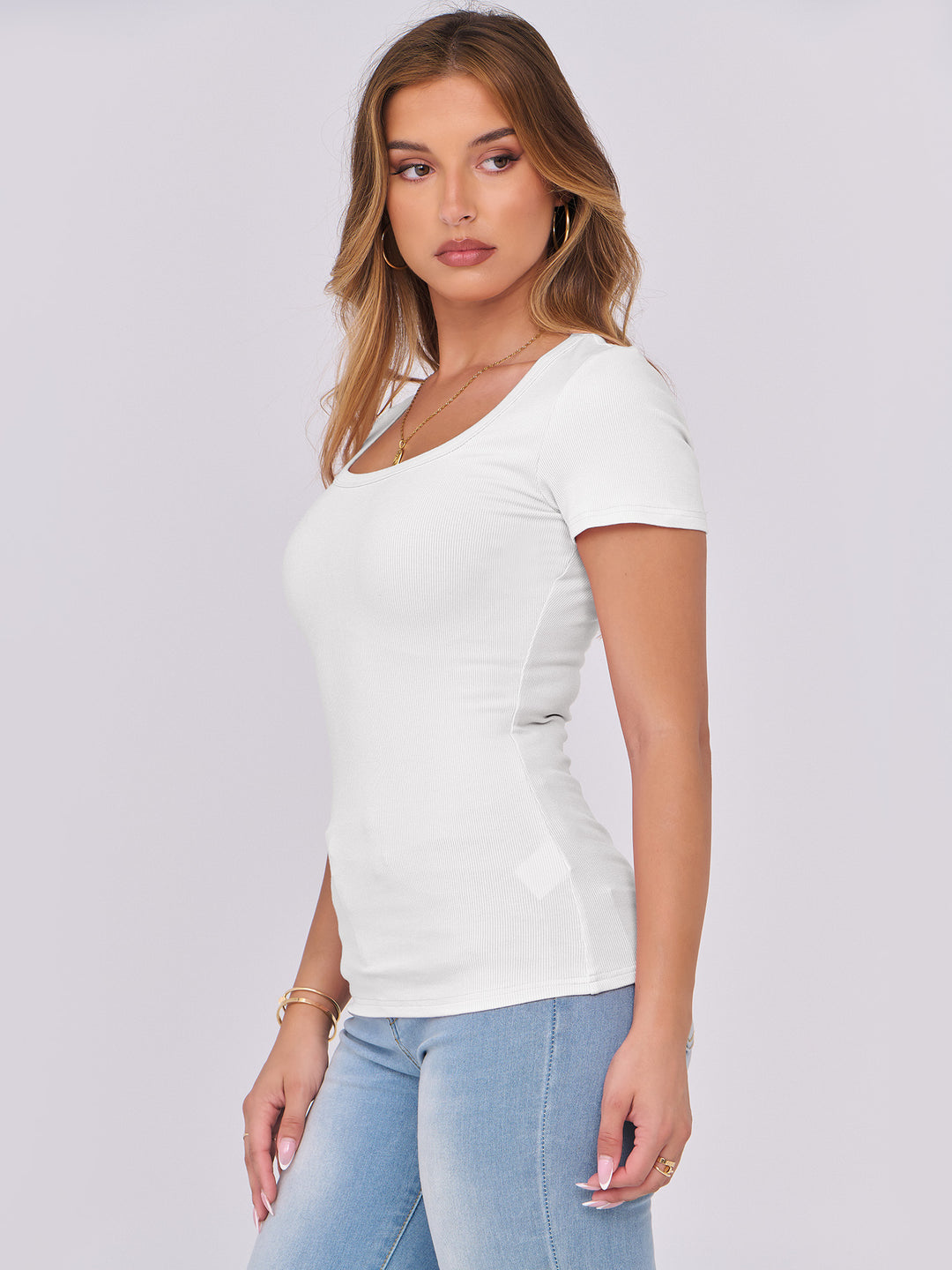 ANRABESS Women's Ribbed Scoop Neck Slim Fit Tee