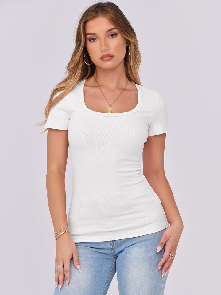 ANRABESS Women's Ribbed Scoop Neck Slim Fit Tee