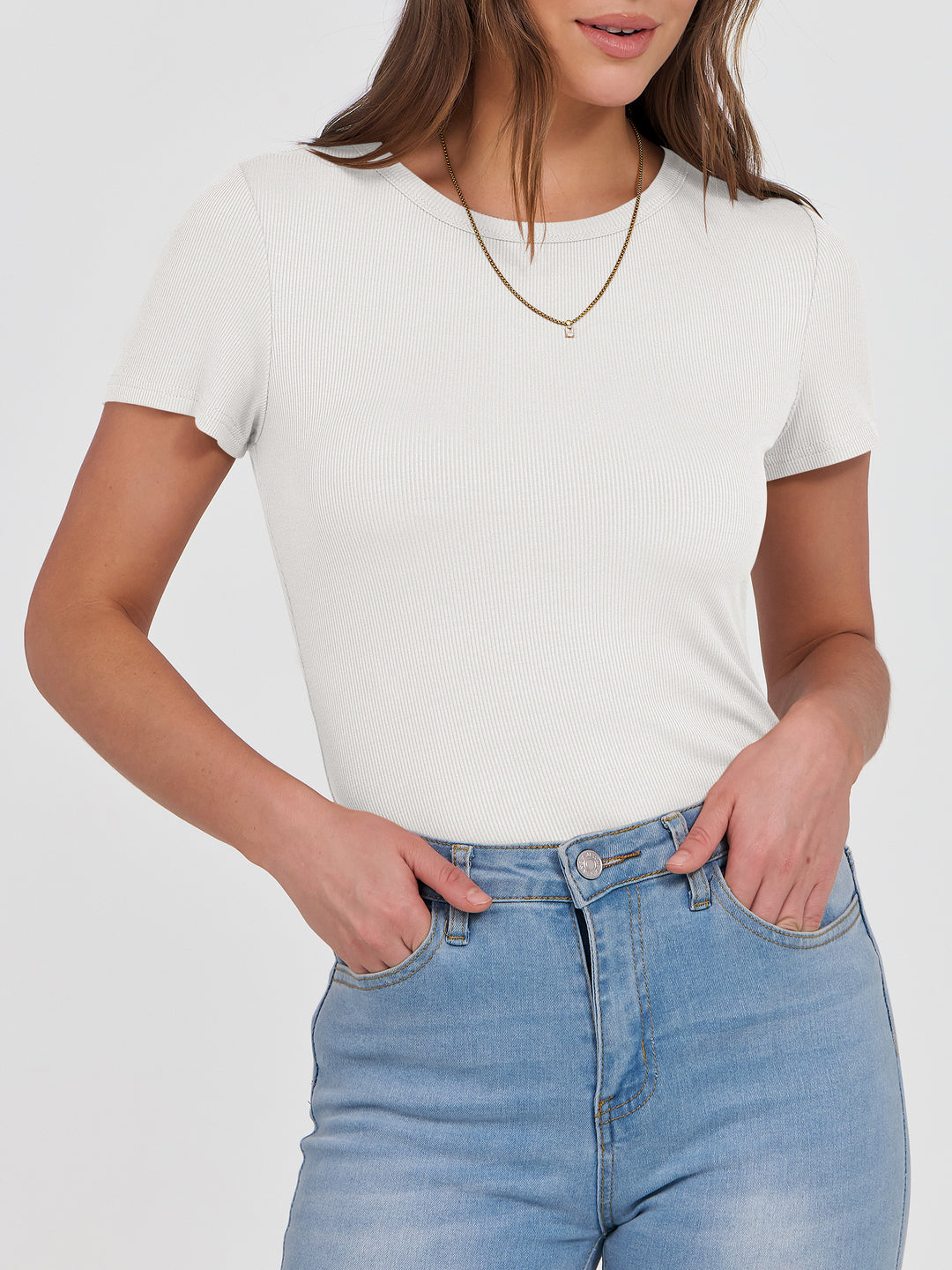 ANRABESS Women's Ribbed Crewneck Slim Fit Tee