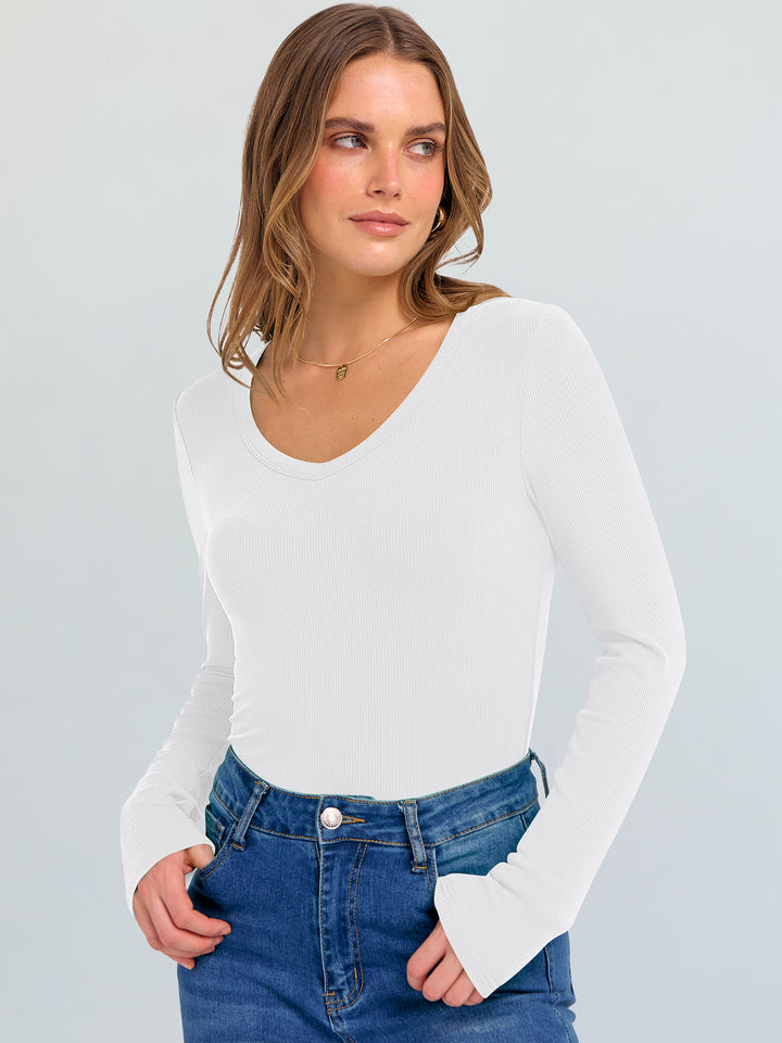 ANRABESS Long Sleeve Shirts for Women V Neck Ribbed Knit Fitted Fall Basic Tshirts Going Out Tops 2025 Casual Trendy Clothes