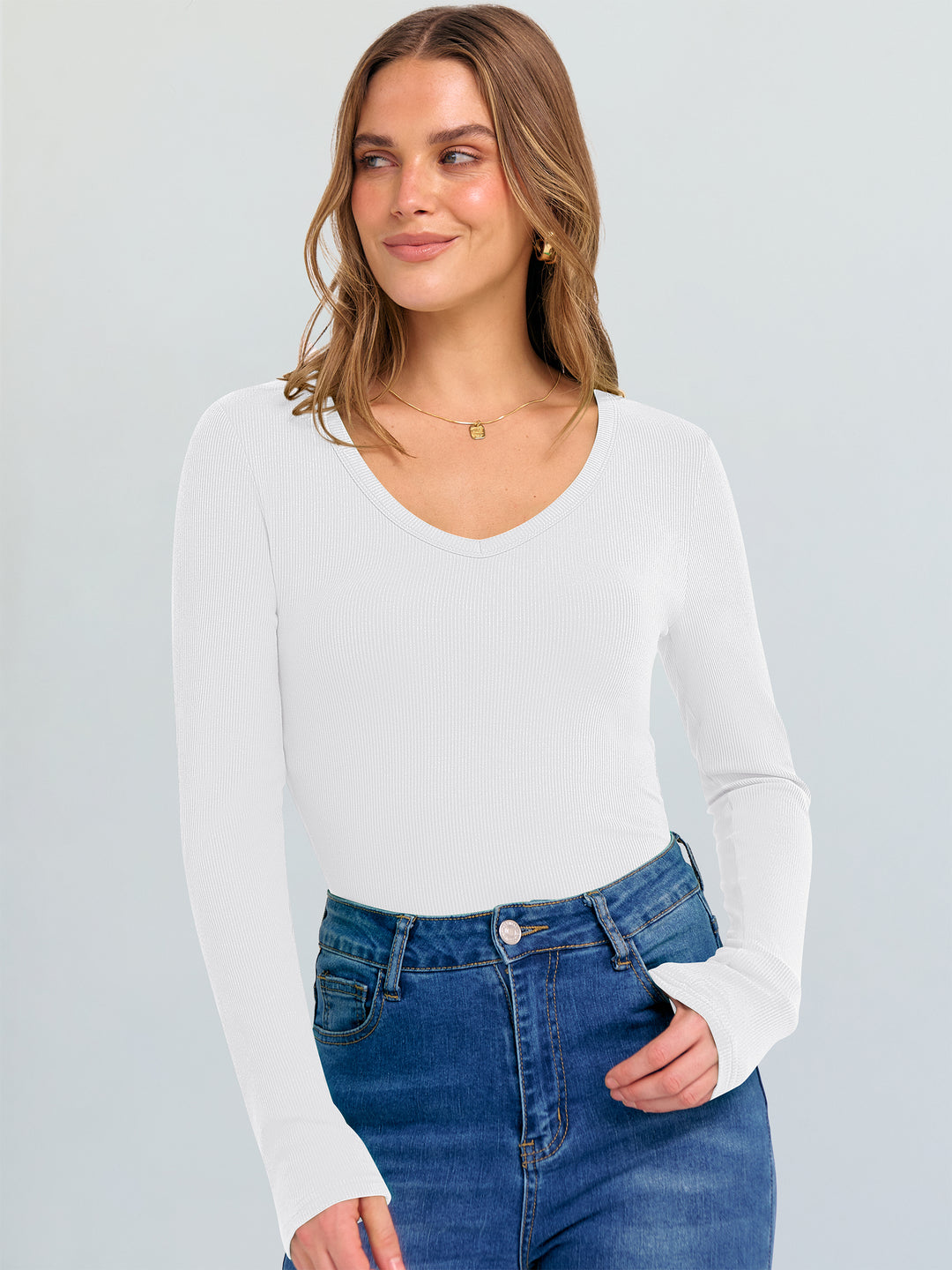 ANRABESS Long Sleeve Shirts for Women V Neck Ribbed Knit Fitted Fall Basic Tshirts Going Out Tops 2025 Casual Trendy Clothes