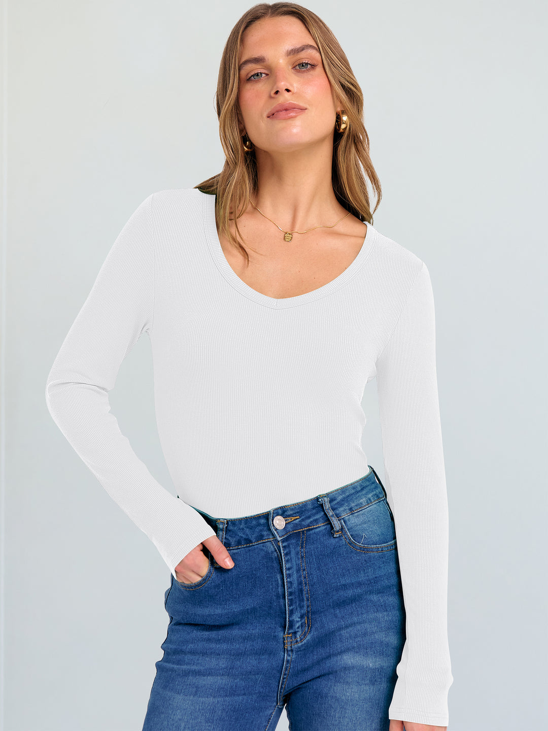 ANRABESS Long Sleeve Shirts for Women V Neck Ribbed Knit Fitted Fall Basic Tshirts Going Out Tops 2025 Casual Trendy Clothes