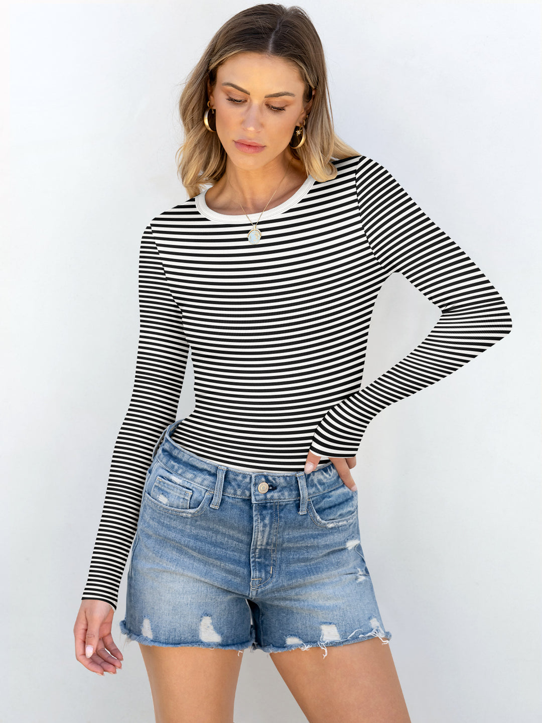 ANRABESS Women's Long Sleeve Rib-Knit Shirt