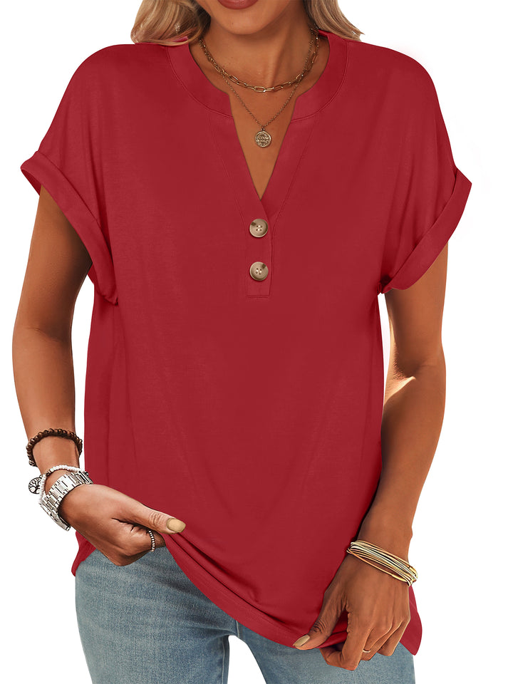 ANRABESS Women's Short Sleeve V-Neck Henley Top