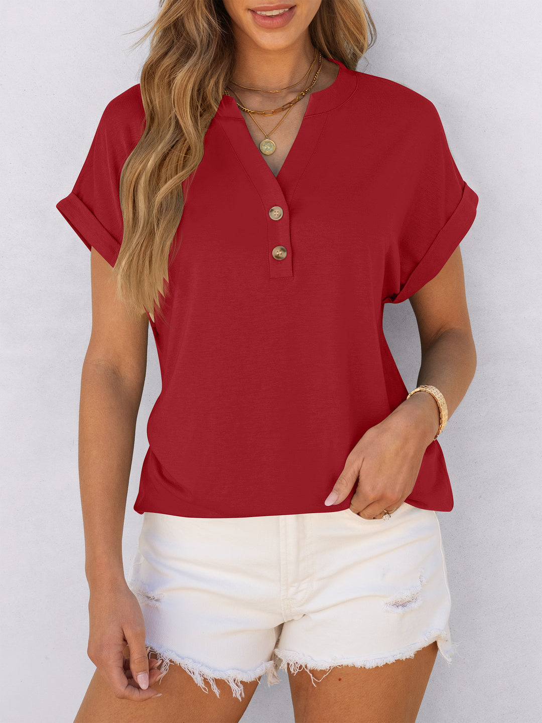 ANRABESS Women's Short Sleeve V-Neck Henley Top