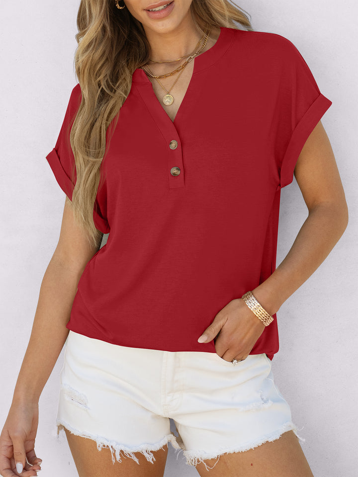 ANRABESS Women's Short Sleeve V-Neck Henley Top