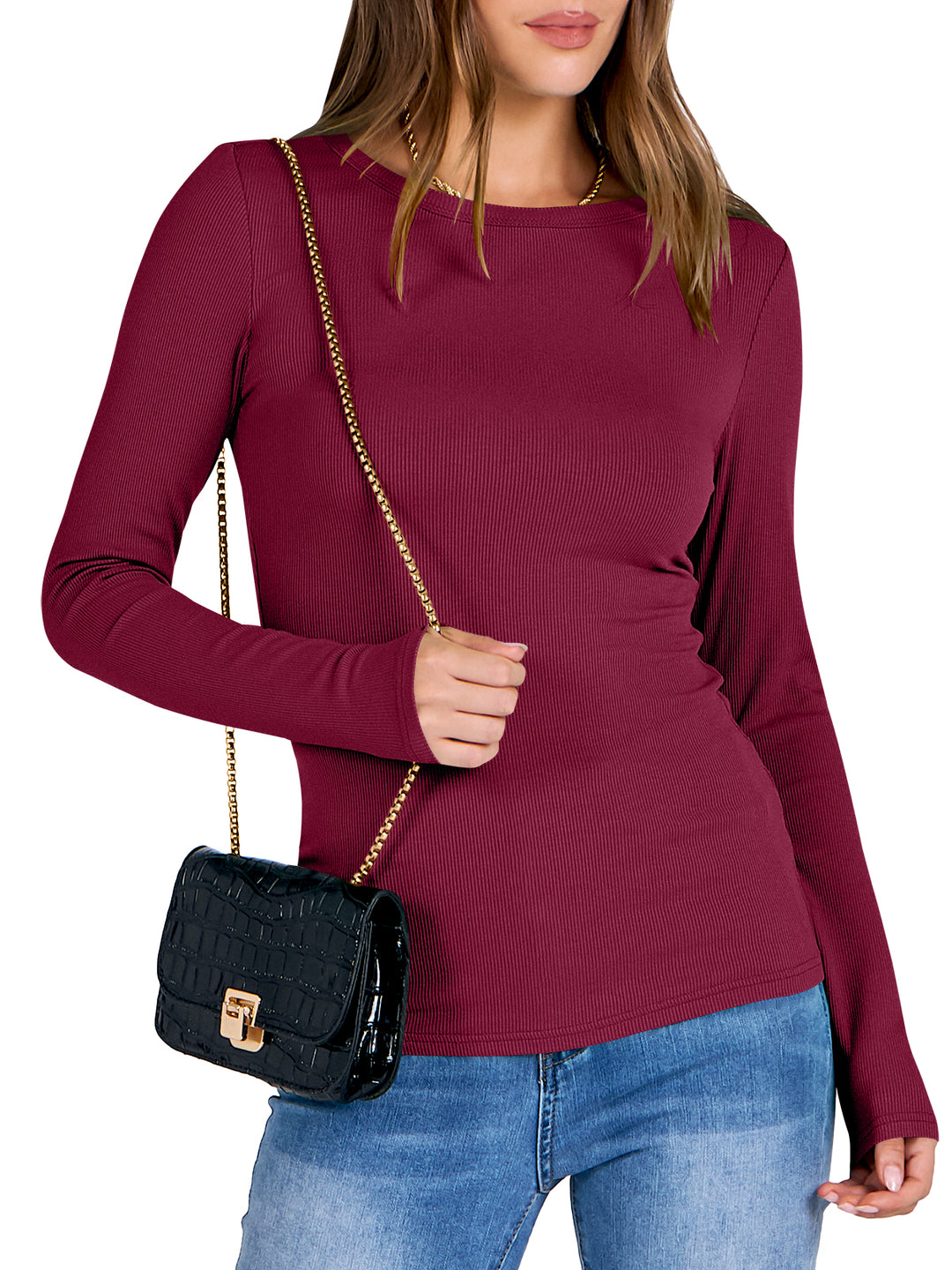 ANRABESS Women's Long Sleeve Rib-Knit Shirt
