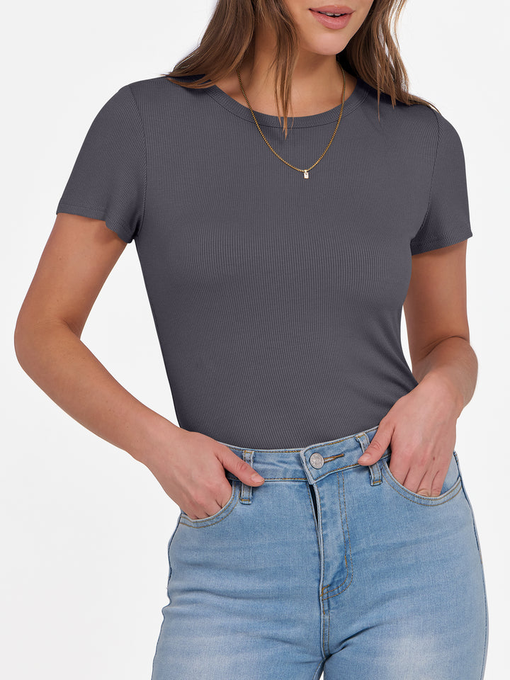 ANRABESS Women's Ribbed Crewneck Slim Fit Tee