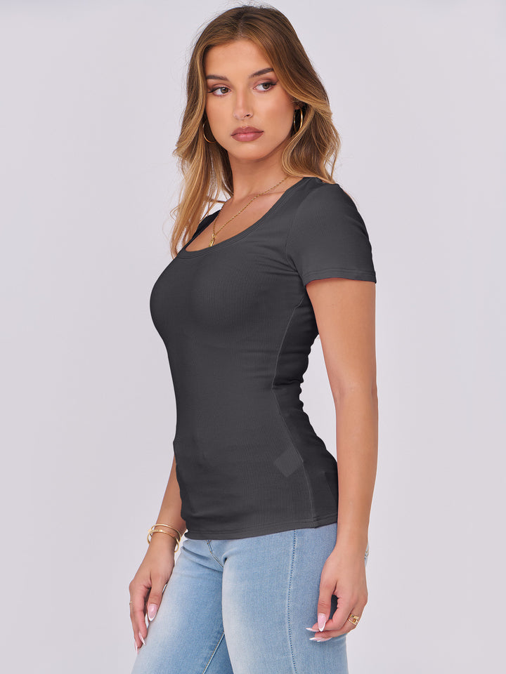ANRABESS Women's Ribbed Scoop Neck Slim Fit Tee