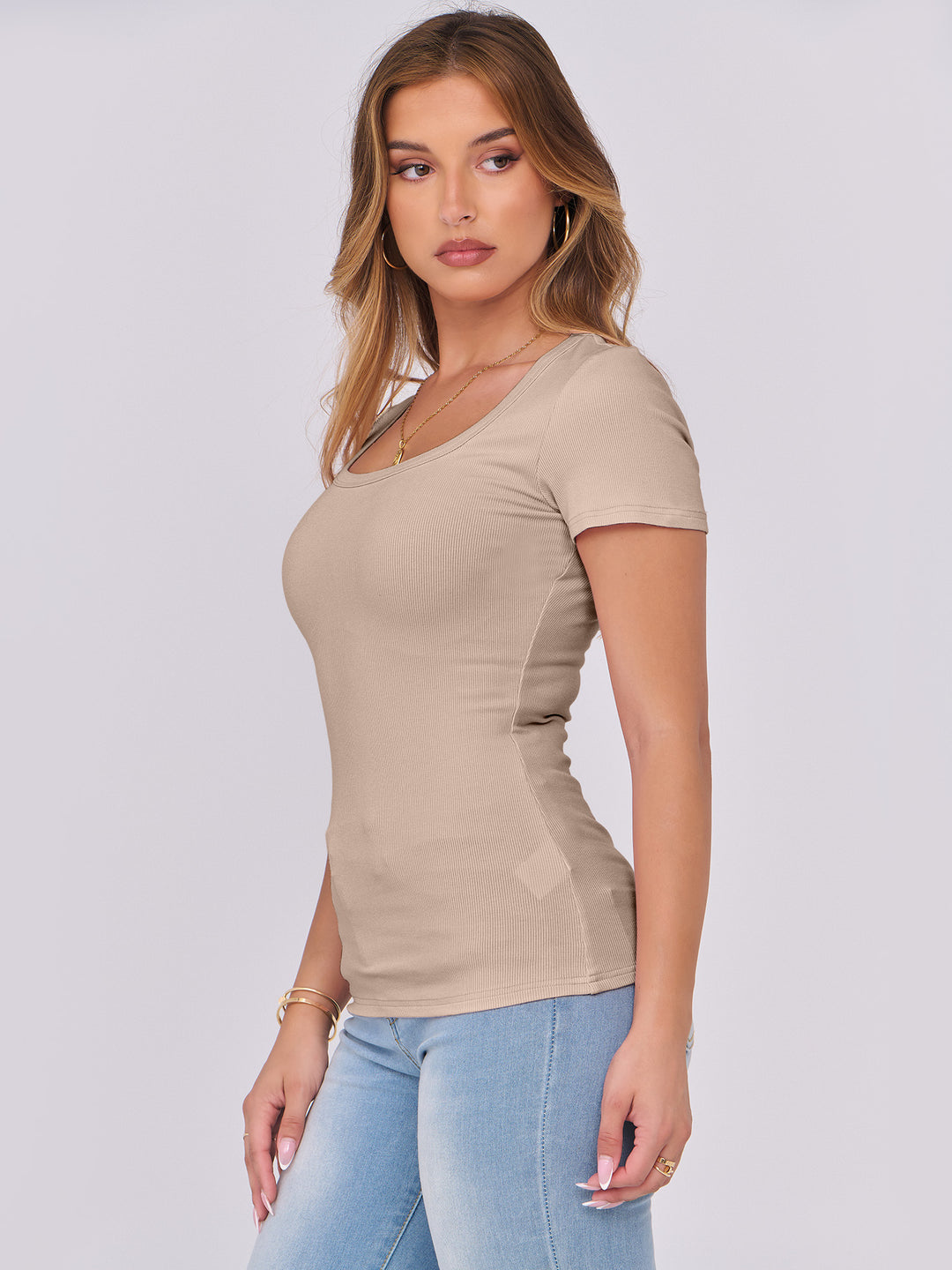ANRABESS Women's Ribbed Scoop Neck Slim Fit Tee
