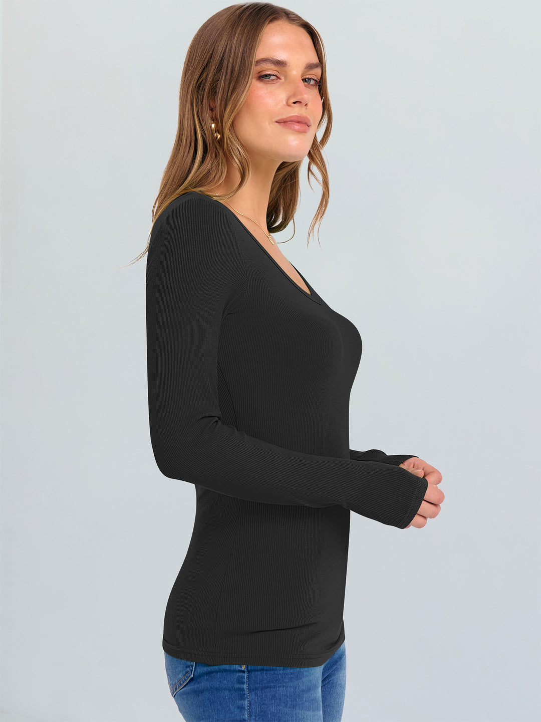 ANRABESS Long Sleeve Shirts for Women V Neck Ribbed Knit Fitted Fall Basic Tshirts Going Out Tops 2025 Casual Trendy Clothes