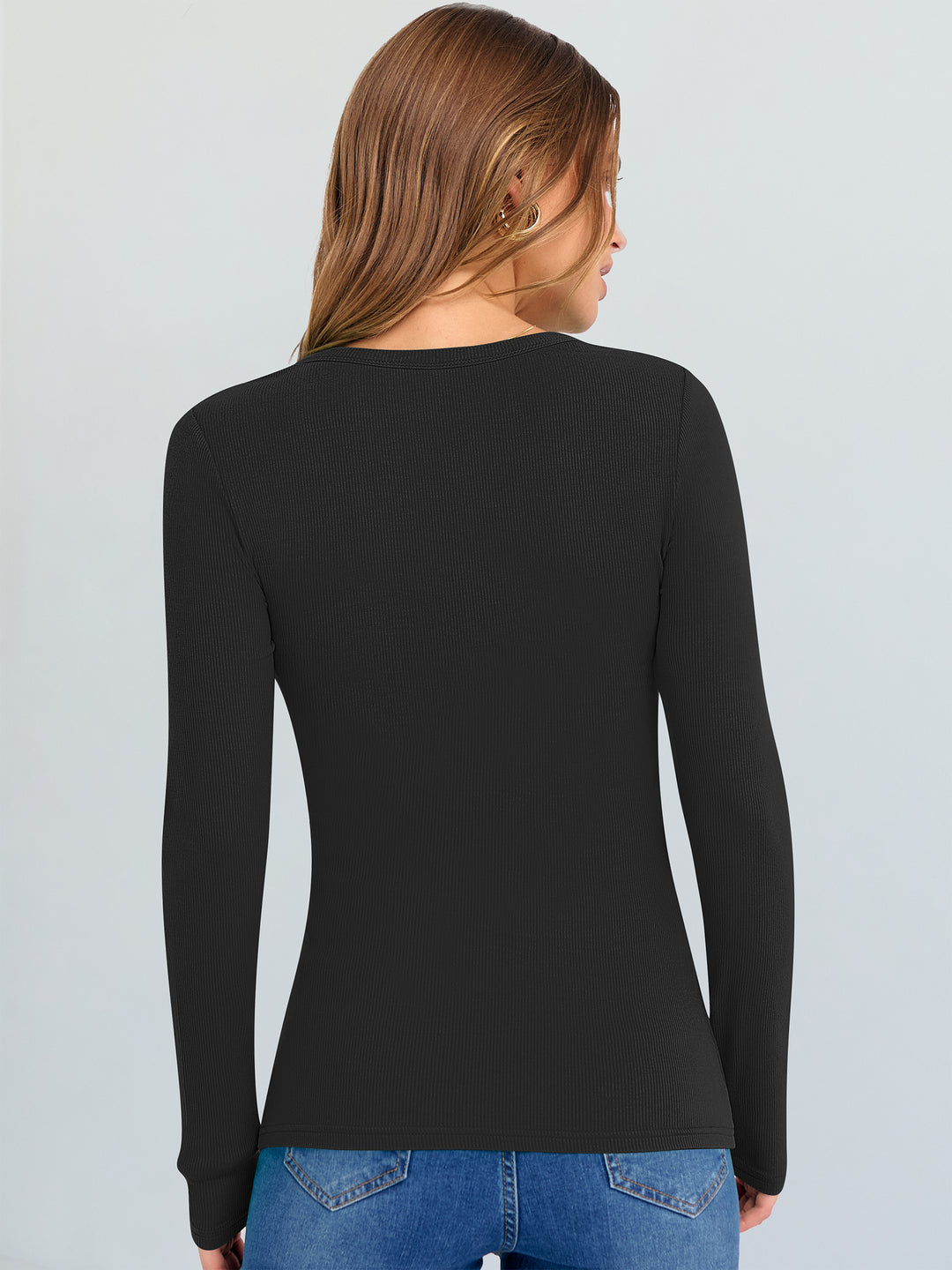 ANRABESS Long Sleeve Shirts for Women V Neck Ribbed Knit Fitted Fall Basic Tshirts Going Out Tops 2025 Casual Trendy Clothes