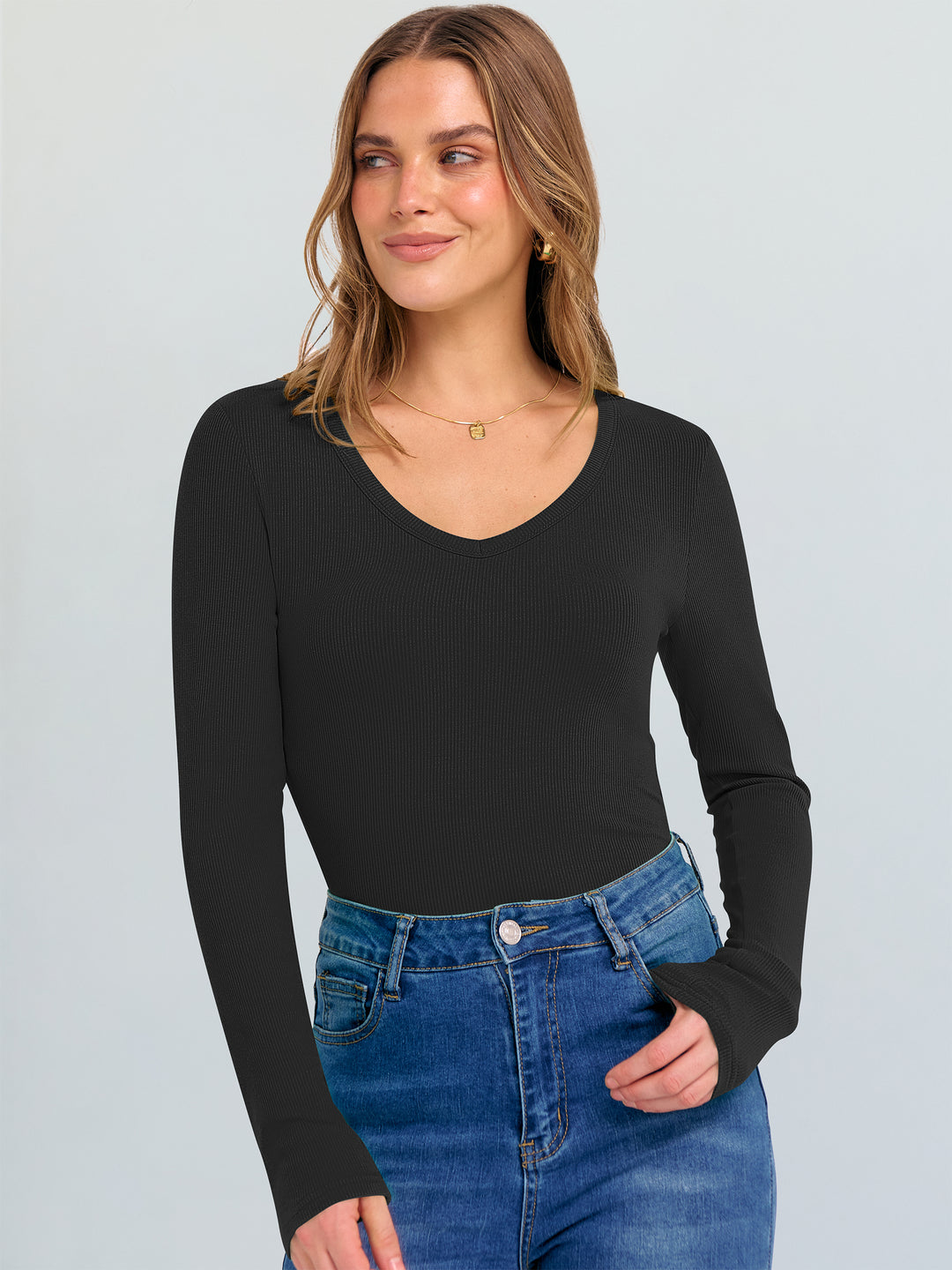 ANRABESS Long Sleeve Shirts for Women V Neck Ribbed Knit Fitted Fall Basic Tshirts Going Out Tops 2025 Casual Trendy Clothes