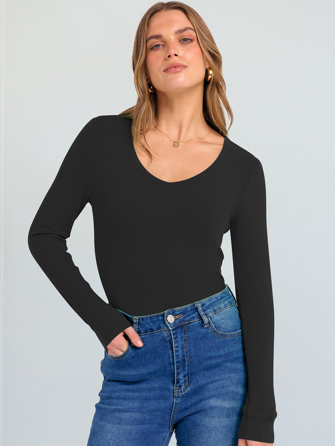 ANRABESS Long Sleeve Shirts for Women V Neck Ribbed Knit Fitted Fall Basic Tshirts Going Out Tops 2025 Casual Trendy Clothes