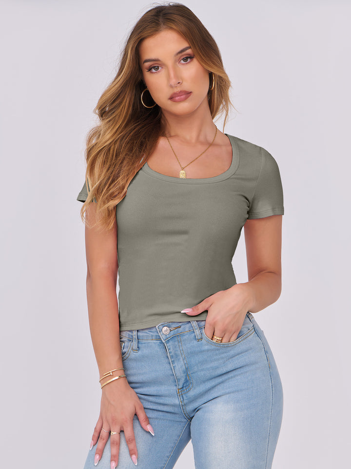 ANRABESS Women's Ribbed Scoop Neck Slim Fit Tee
