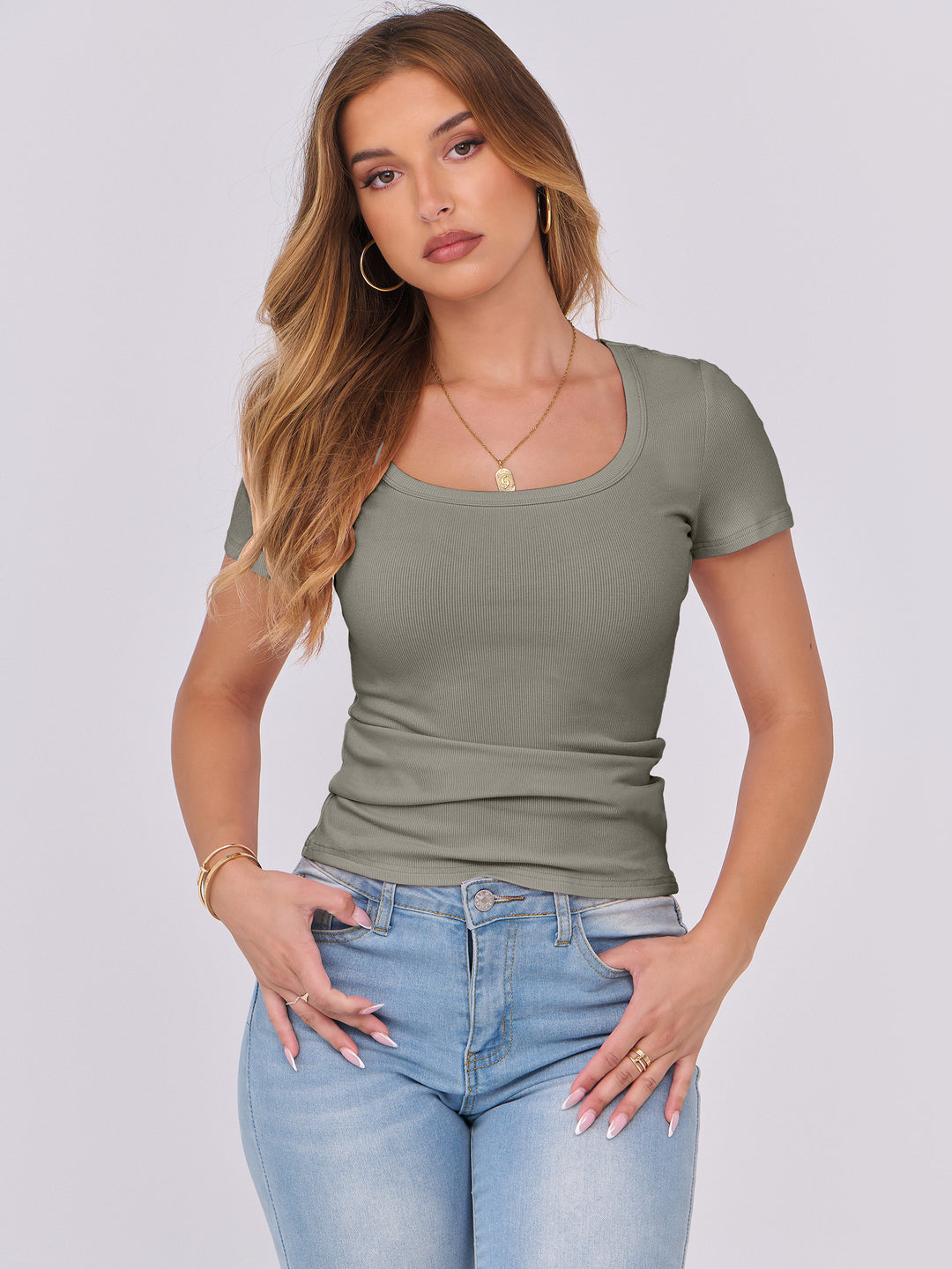 ANRABESS Women's Ribbed Scoop Neck Slim Fit Tee