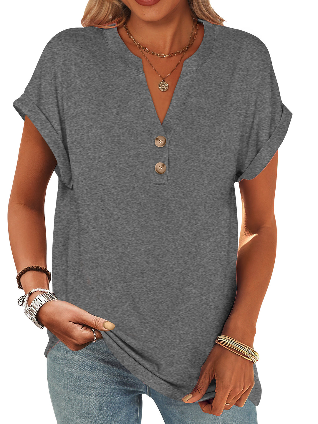 ANRABESS Women's Short Sleeve V-Neck Henley Top