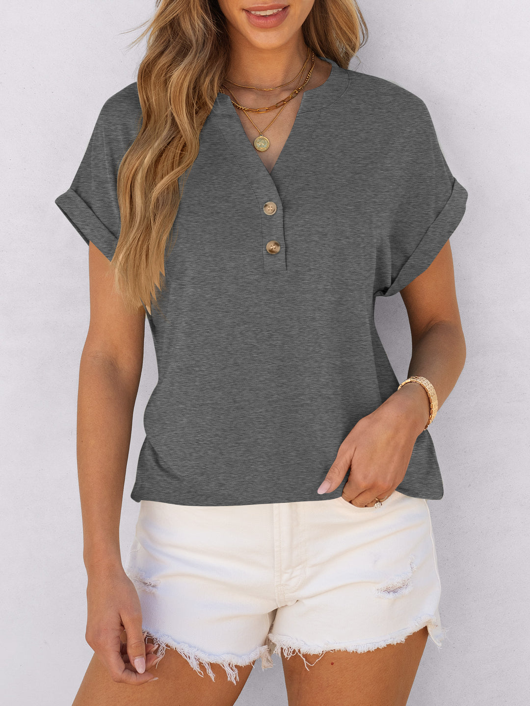 ANRABESS Women's Short Sleeve V-Neck Henley Top