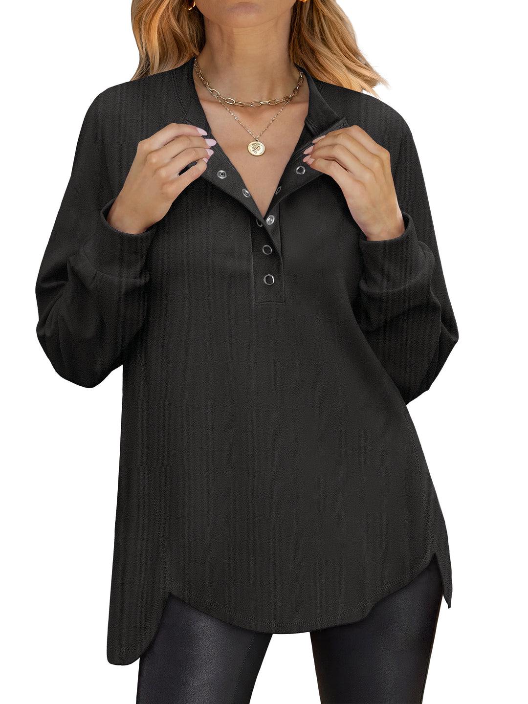 ANRABESS Women's Long Sleeve Henley Tops Tunic Sweatshirt Loose Slit Casual Button Shirts Pullover 2025 Fall Winter Outfits