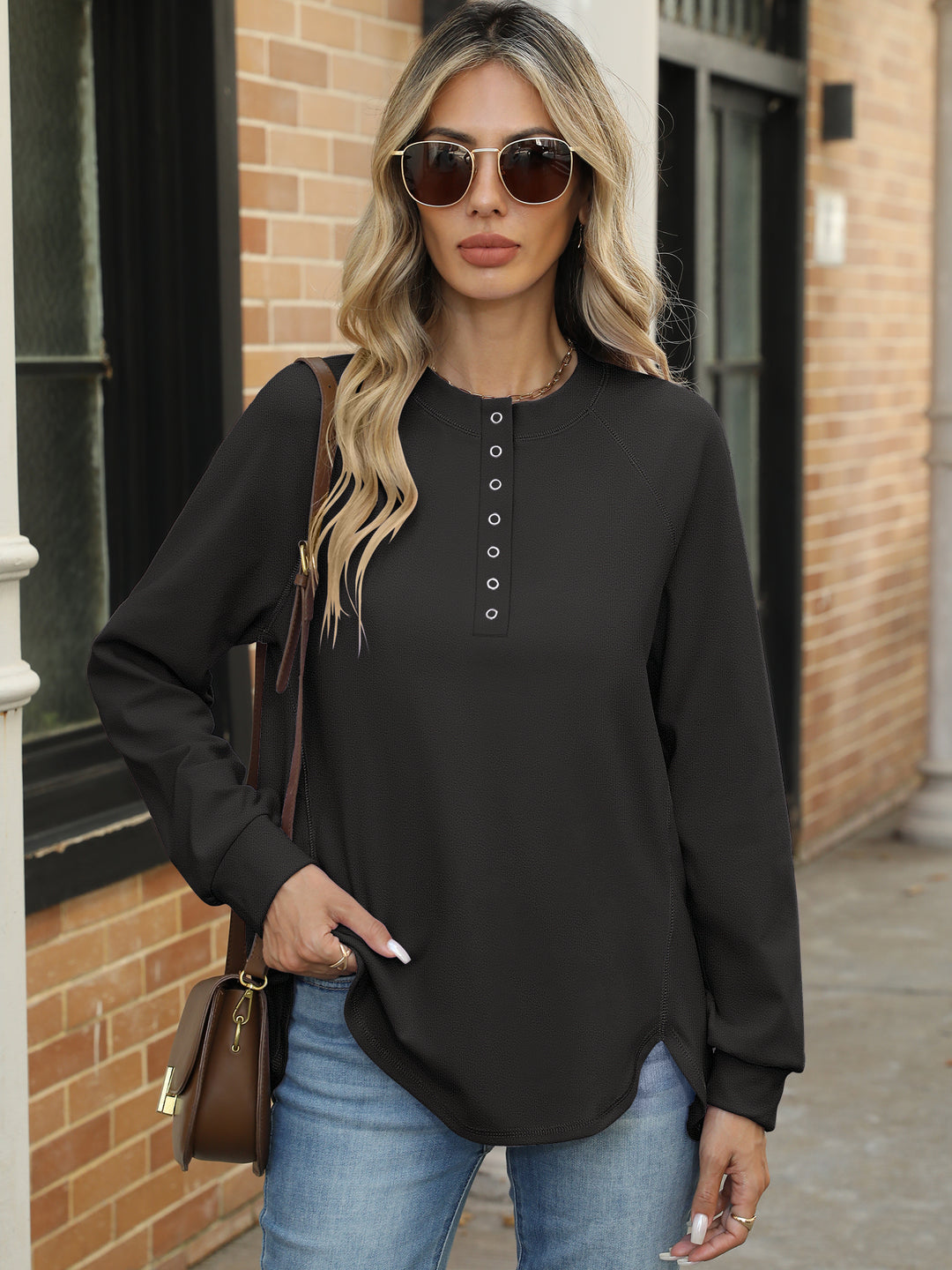 ANRABESS Women's Long Sleeve Henley Tops Tunic Sweatshirt Loose Slit Casual Button Shirts Pullover 2025 Fall Winter Outfits
