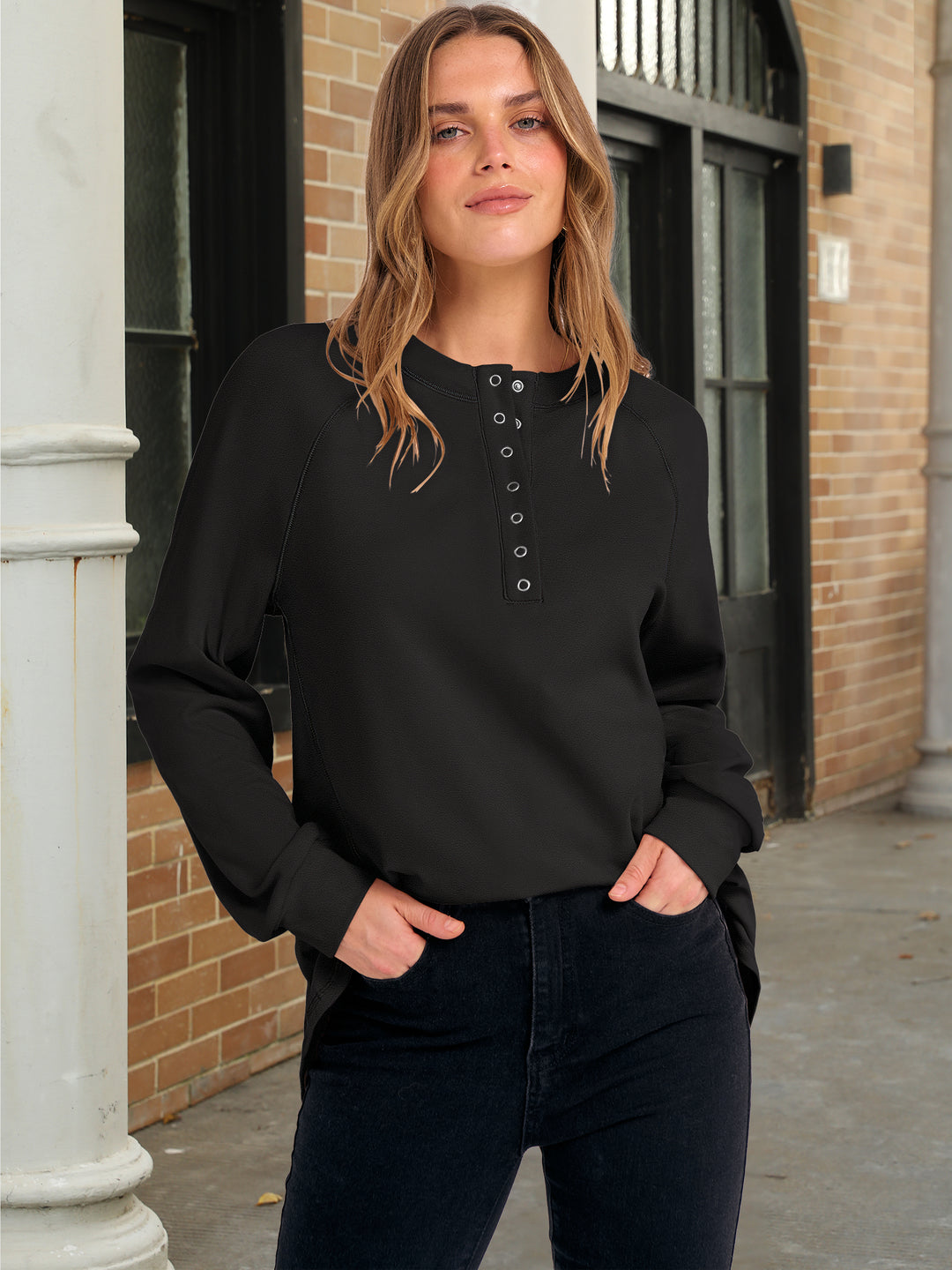 ANRABESS Women's Long Sleeve Henley Tops Tunic Sweatshirt Loose Slit Casual Button Shirts Pullover 2025 Fall Winter Outfits