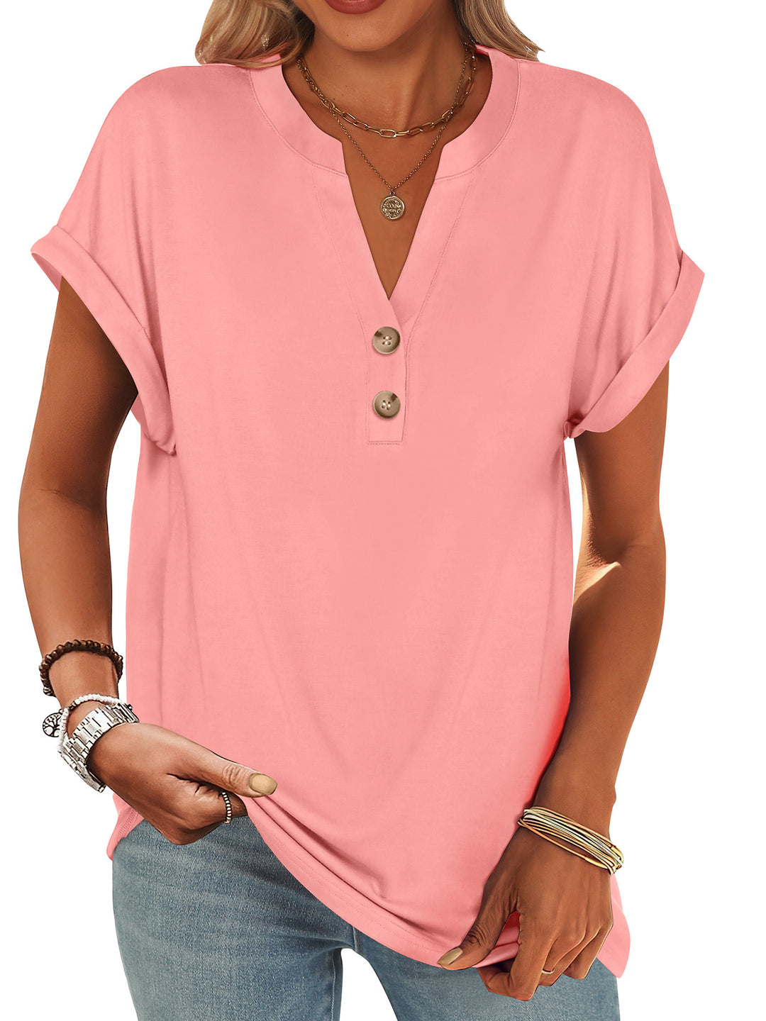 ANRABESS Women's Short Sleeve V-Neck Henley Top