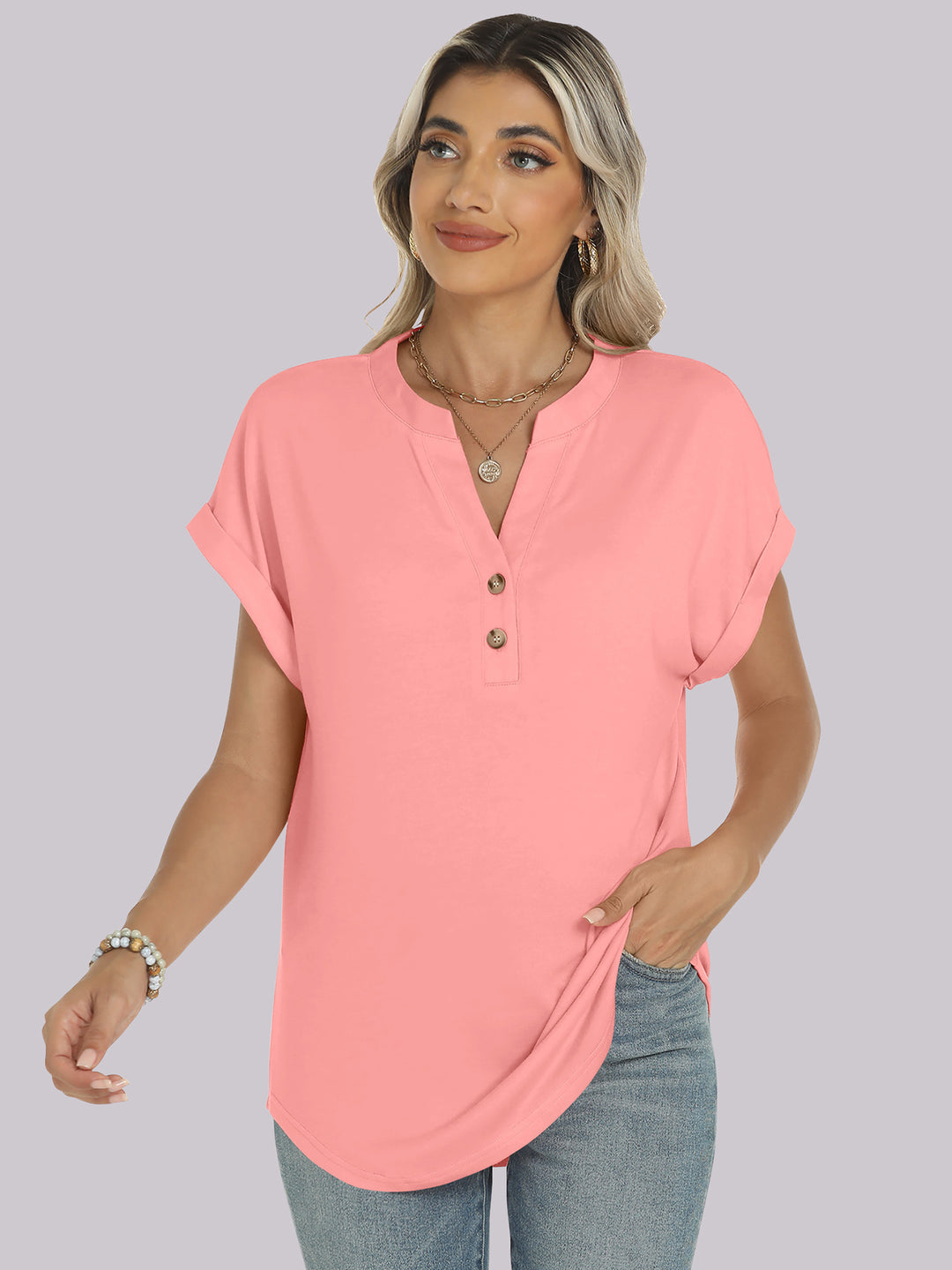 ANRABESS Women's Short Sleeve V-Neck Henley Top
